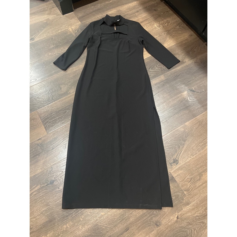 Boston Proper Black Cutout Mock Neck Maxi Dress Long Sleeve Slit RN 90674 Size M